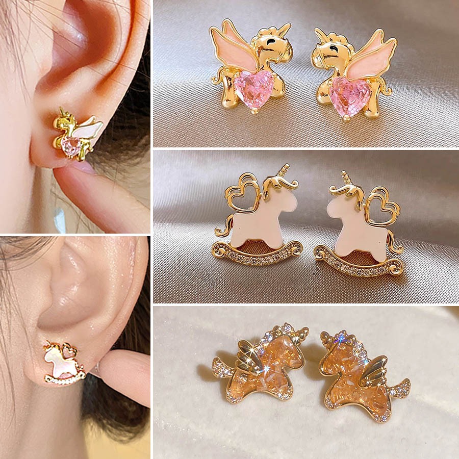 New Year's New Style Cute Unicorn Rhinestone Pearl Earrings Temperament Simple Exquisite Earrings Earrings