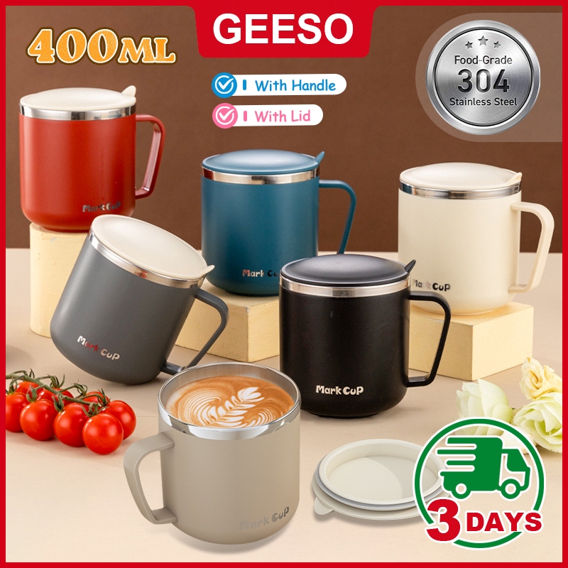 GEESO 400ML Thermal Cup with Cover Handgrip Coffee Tea Mug 304 Stainless Steel Inner Drinking Cup Drinkware Cawan Terma 双层隔热马克杯