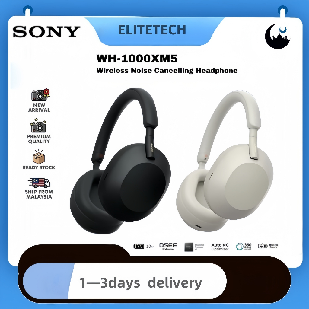 【?Hot Sale 2025?】Headphone Wireless Sony WH-1000XM5 - ANC Noise Cancelling, Hi-Res Sound, Bluetooth 5.3, Tempoh Bateri Panjang, Dengan Mic | Gaming Kerja Travel, Garansi 1 Tahun