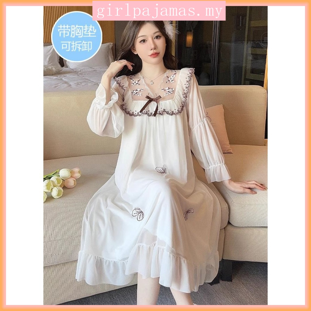#公主带胸垫睡裙女款长袖网纱甜美小仙女睡衣家居服可外穿Princess with chest pad nightgown for women's long-sleeved mesh sweet little fairy pajamas home clothes can be worn outside