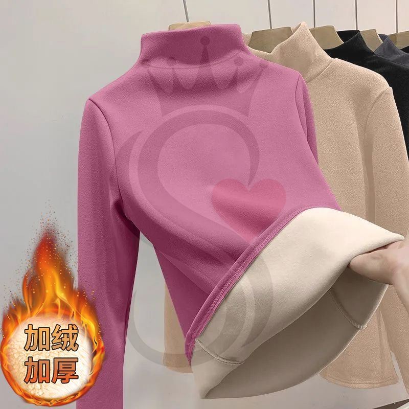 German velvet double-sided autumn and winter high-grade half-high collar bottomed long-sleeved plush constant temperature warm and thickened cationic blouse