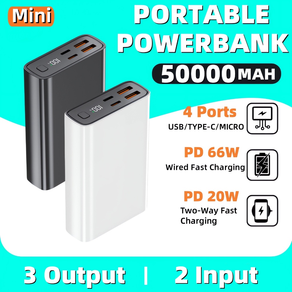 Xiaomi PowerBank 50000mah Original PowerBank 3 Output 2 Input 3.0A super Fast Charging Android iPhone Laptop Portable Power Bank