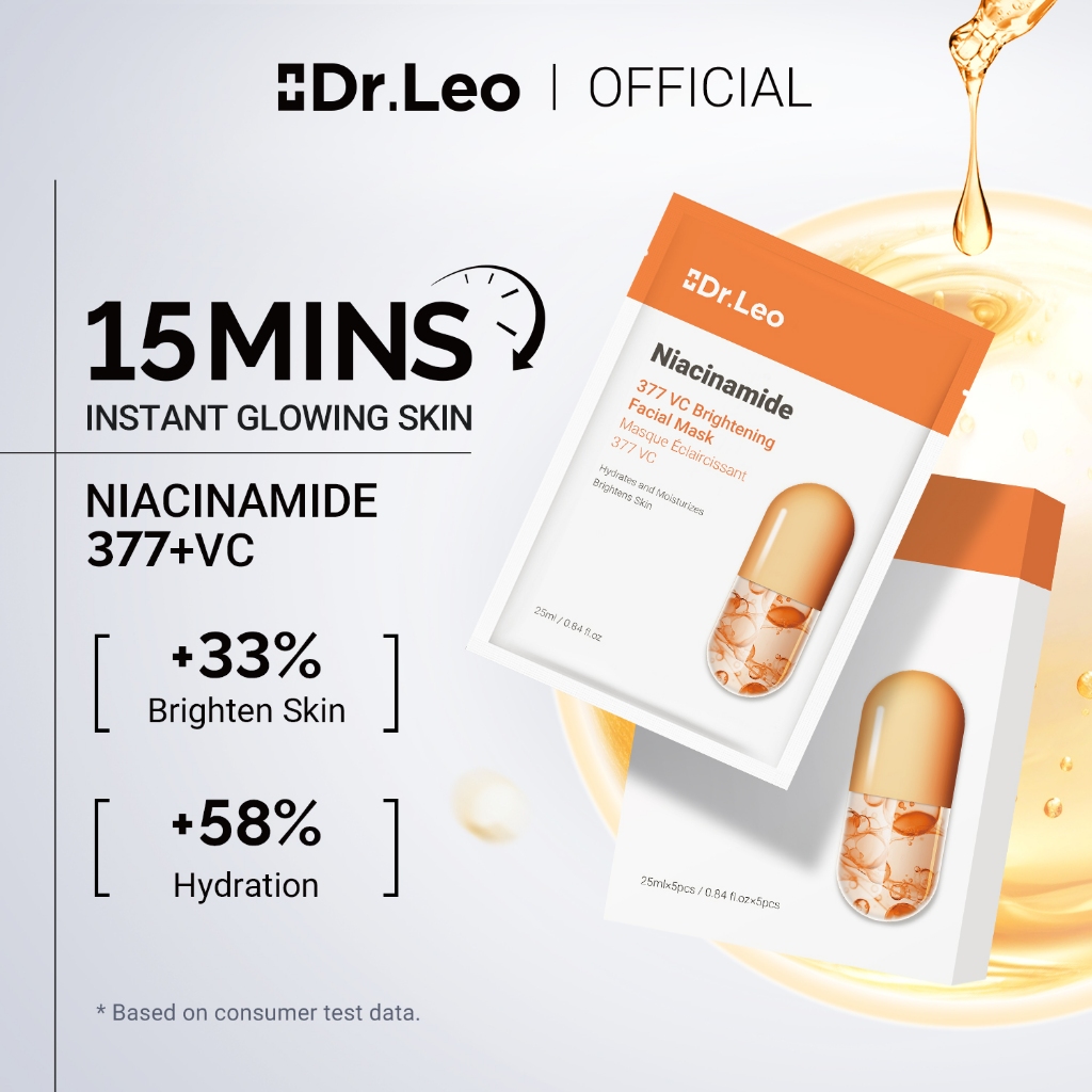 Dr.Leo 377 Vitamin C Facial Mask Brightening Moisturizing Face Mask Niacinamide Cerah Mendalam Untuk Semua Jenis Kulit 25ml*5pcs