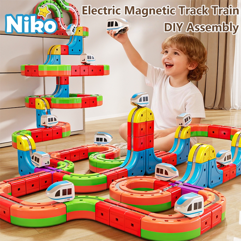 NIKO Electric Magnetic Track Train Toys Set Magnetic Building Block Train 3D Racing Track Set For Kids Boys Girls Birthday Gifts