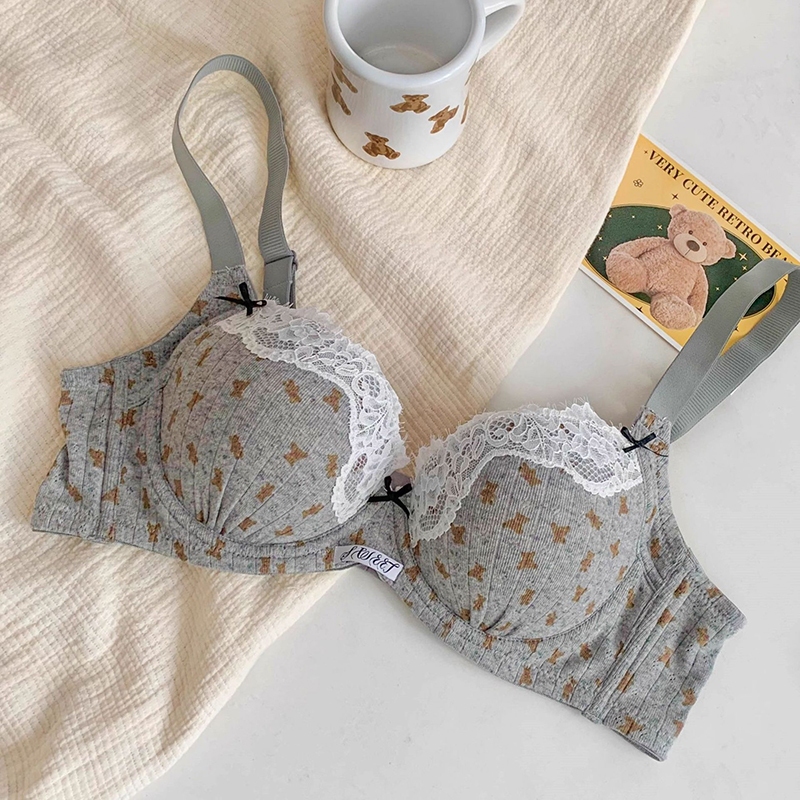 Cotton Push-Up Bra with Bear Print - Soft Wired, Thin Cups | Women's Sizes 32-38ABC