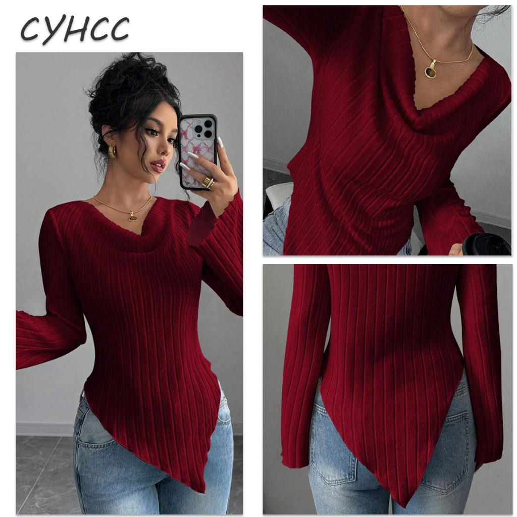 New Fashionable Women's Ribbed Knit Sweater - A-Line Neckline, Asymmetrical Hem, Slim Fit, Elegant & Casual