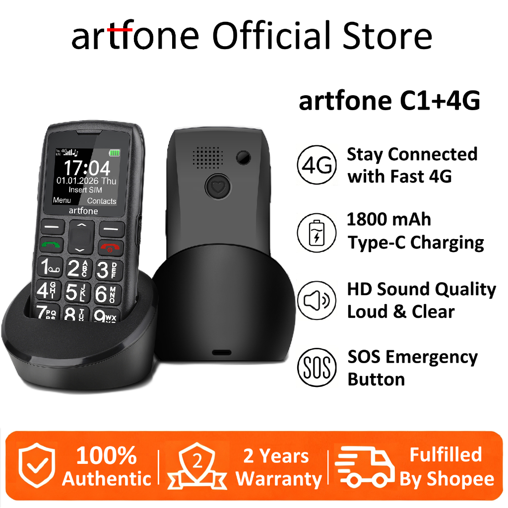 artfone Elderly Phone C1+4G LTE Basic Phone for Senior Parents Telefon Bimbit Murah Keypad Handphone with FM Radio Loud Speaker Big Display Big Battery Charging Dock, Feature Phone for Senior Citizen
