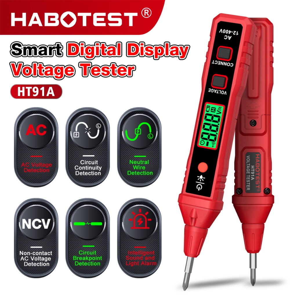 HABOTEST HT91A AC Voltage Detector NCV 12~400V Pen Type Voltage Tester For Live/Null Wire With Flashlight LCD Display Breakpoint Finder Date Hold