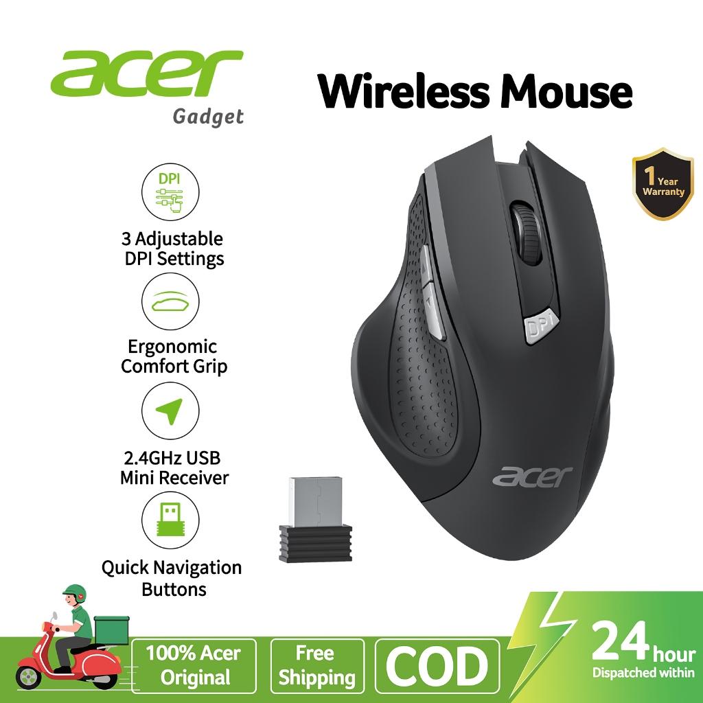 Acer Mouse Wireless 6 Silent Buttons 2.4G with USB Mini Receiver 3 Level DPI Setting 1200DPI Ambidextrous Ergonomic mouse for Laptop PC / Mac