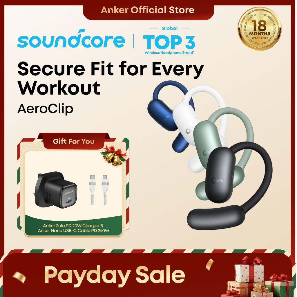 Soundcore by Anker AeroFit 2 by Anker, Open-Ear Headphones, Translation Earbuds Real Time, 4 Adjustable Positions for Every Ear Size, 2x Richer Bass, Hi-Res, 42H Playtime, IP55,AI - A3874
