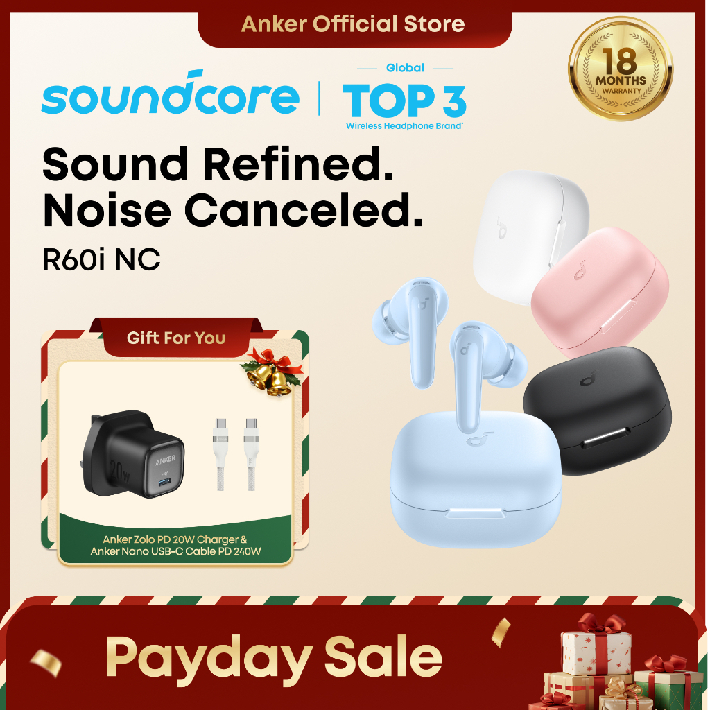[NEW]Soundcore R60i NC Wireless Earbuds -52dB Adaptive Noise-Cancelling Hi-Res Clarify Sound AI Assistant 50H Long Play Time Headsets-D1202