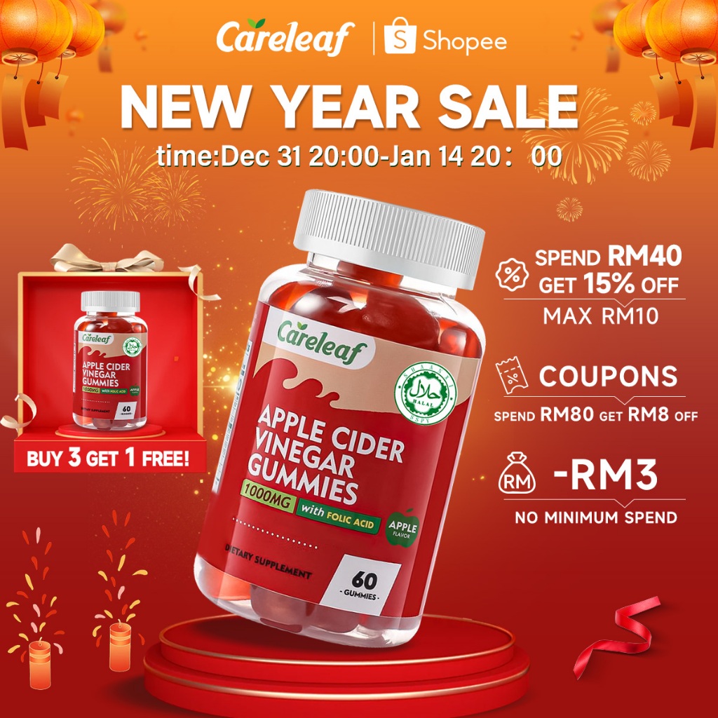 CareLeaf Halal Vegan Apple Cider Vinegar Gummies Accelerate Fat Burn, Suppress Cravings & Boost Metabolism with Vitamin B6 B12（60 gummies）