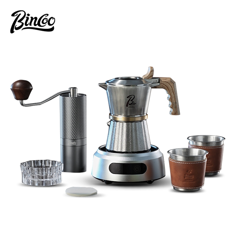 BINCOO Three-Valve Moka Pot Home Use Compact Stainless Steel Espresso Coffee Maker with Electric Ceramic Stove Outdoor Appliance Set 2Cups