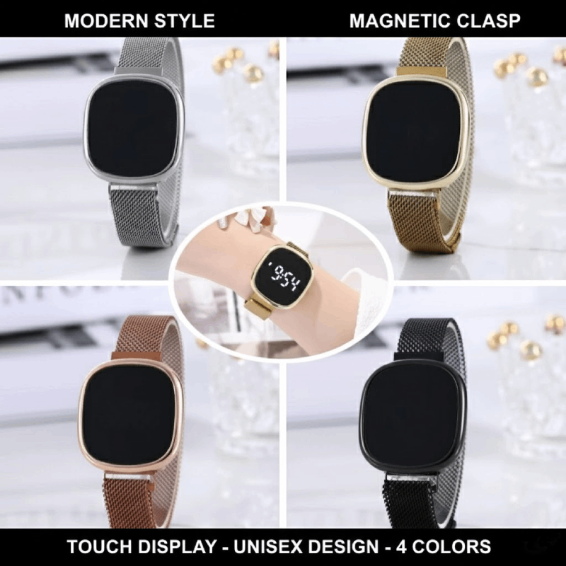 Unisex LED Touch Watch, Magnetic Milan Strap, Digital Display for Students, Gift in Gold-Tone Silver Black Rose Gold