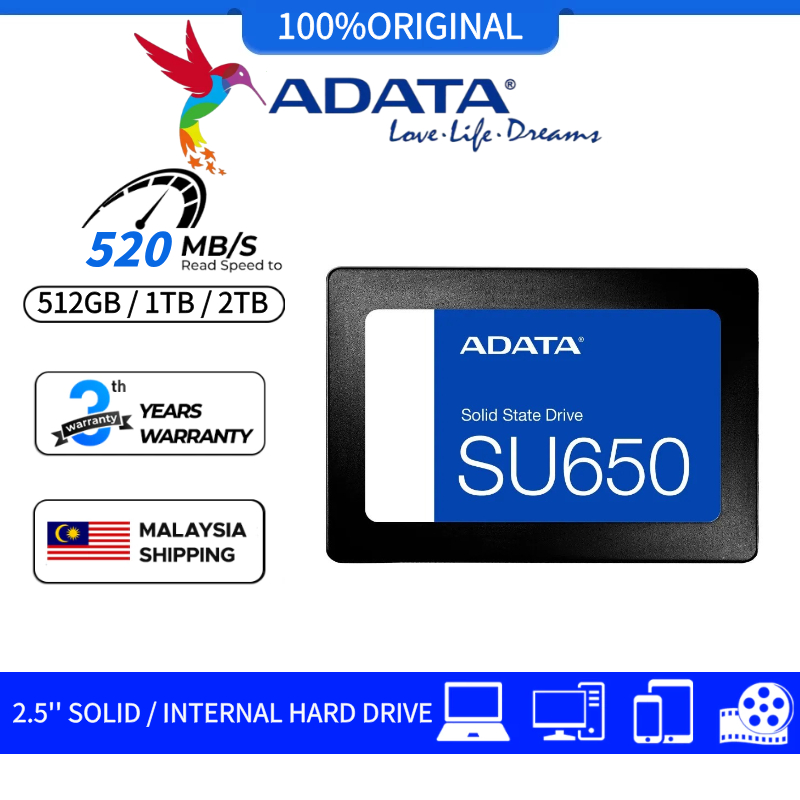 【Local Stock】ADATA SU650 Solid state drives 512GB /1TB/2TB  SATA3 Internal hard drive 2.5'' SSD  6.0Gb/s