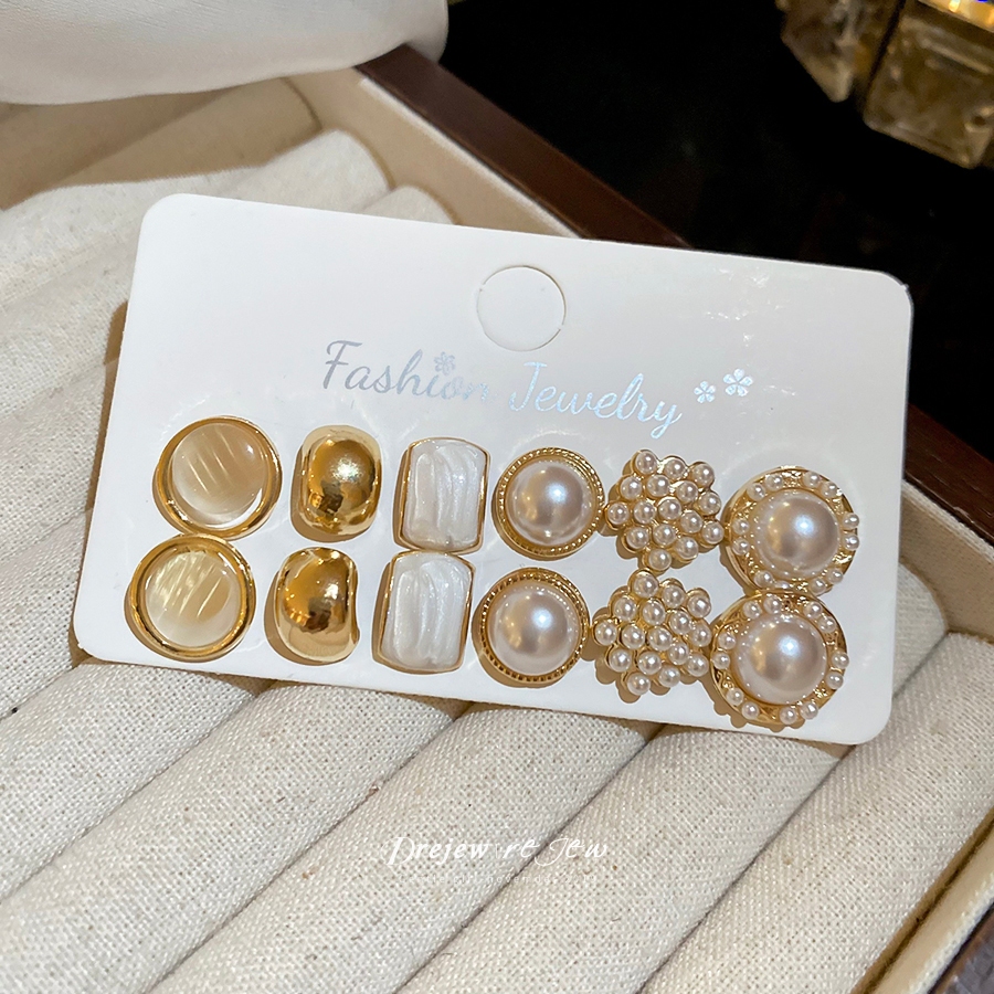DREJEW Twelve-piece set of pearl round studs French court style earrings