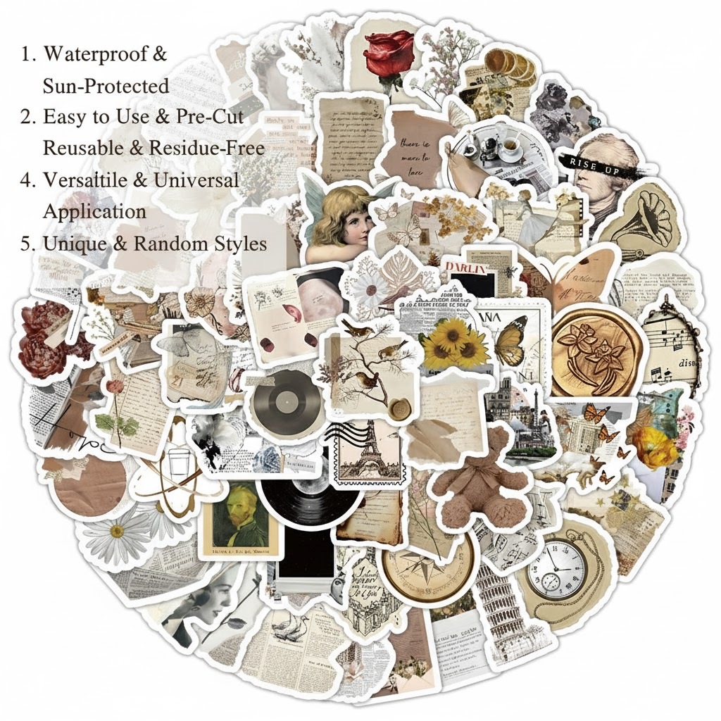 100PCS Vintage Art Stickers Waterproof Vinyl Decals for Laptop, Helmet & Bicycle Creative DIY Gift