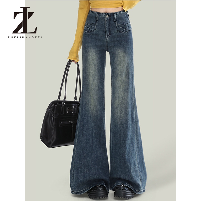 ZHELIHANGFEI American Retro Blue High Waist Micro Flared Jeans