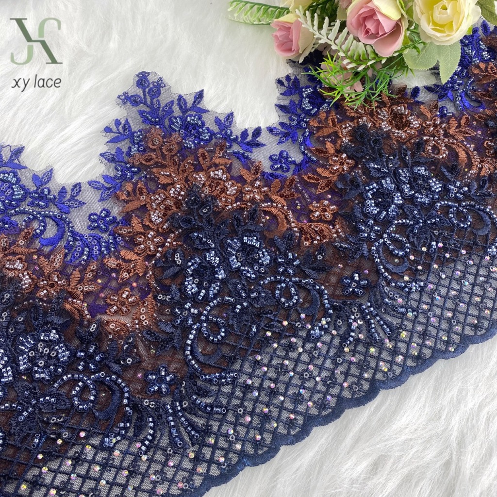 new design embroidery beaded border with crystal diamonds clothing accessory bridal lace trim color teal blue ash blue royal blue rich brown