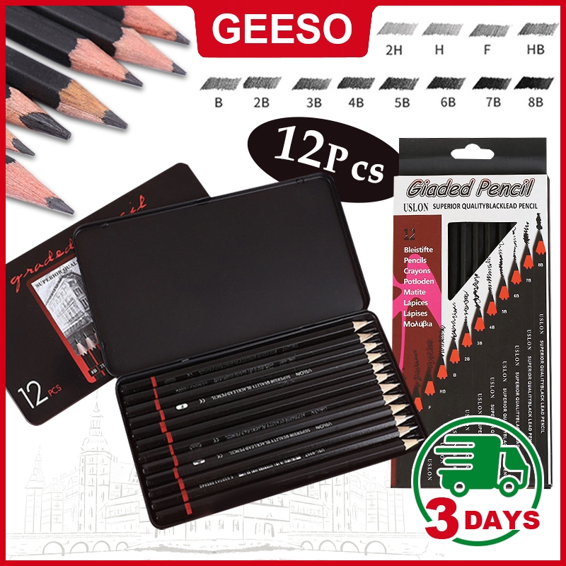 GEESO 12Pcs/Set 2H-8B Wooden Lead Pencils Set Professional Drawing Journal Writing Pencils for School Smooth Writing 绘画铅笔套装