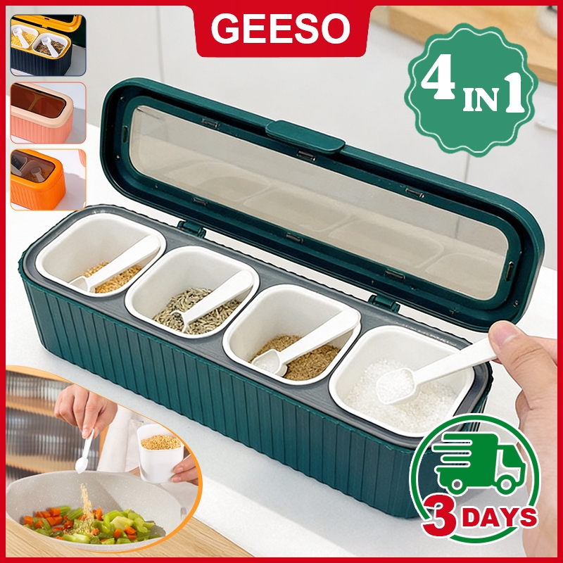 GEESO 4 in 1 Condiment Jar Set Detachable Seasoning Box Spices Salt Sugar Storage Container Bekas Rempah 四合一调料盒 调味盒