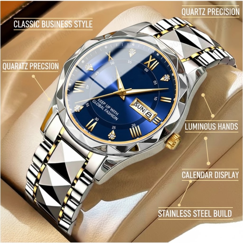 Luxury Quartz Watch for Men Luminous Waterproof Stainless Steel Band Birthday Gift