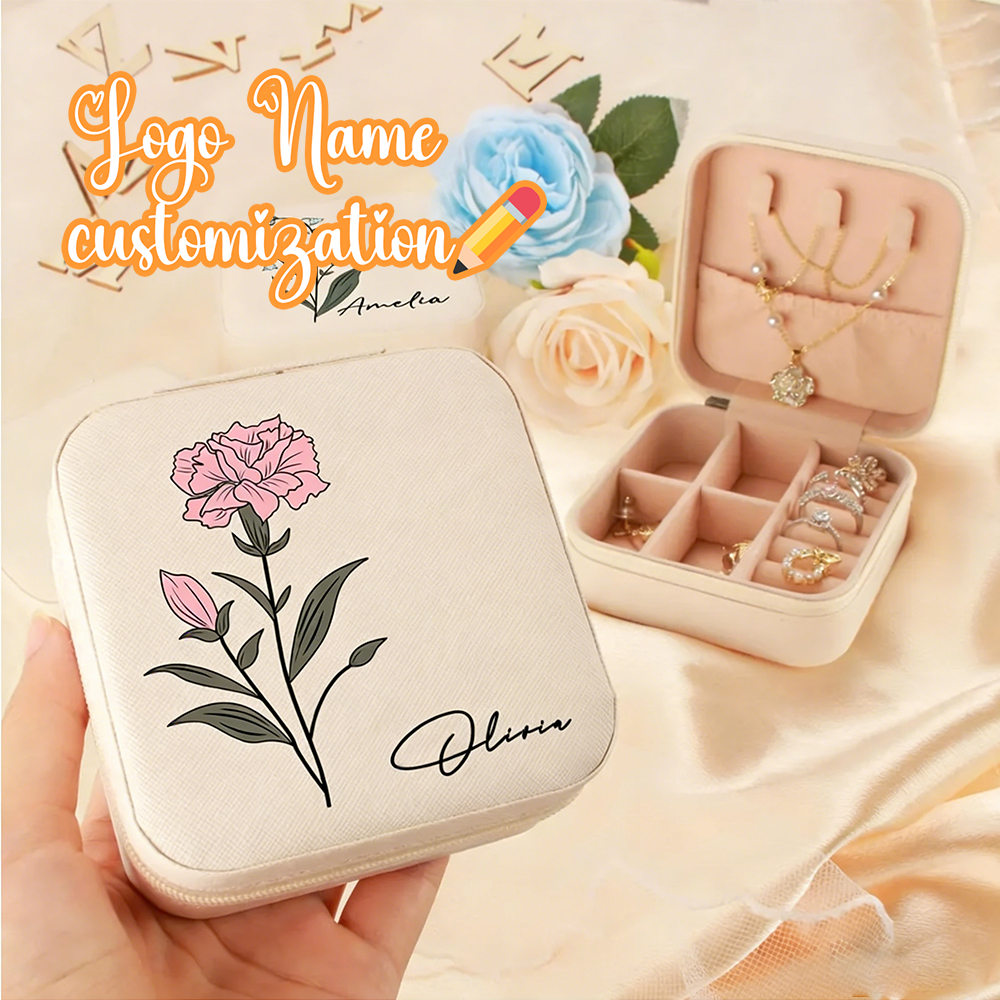 Free Personalized Jewelry Case Travel Jewelry Box Bridesmaids Gift Custom Name Birth Flower Jewelry Box