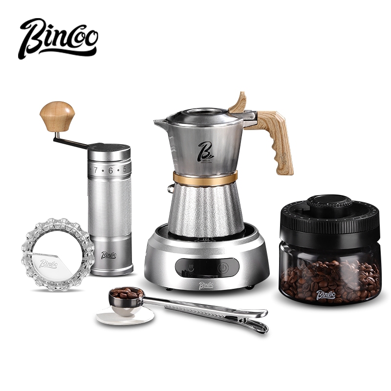 BINCOO Three-valve 316 Stainless Steel Moka Pot with Solid Wood Handle Home-use Compact Espresso Coffee Maker Set 2Cups