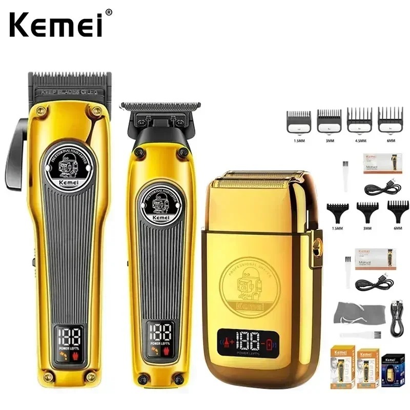 Kemei All Metal Electric Hair Clipper Set Cordless Beard Trimmer Men's Shaver Haircut Machine KM-1825 KM-1855 KM-TX3 Gold