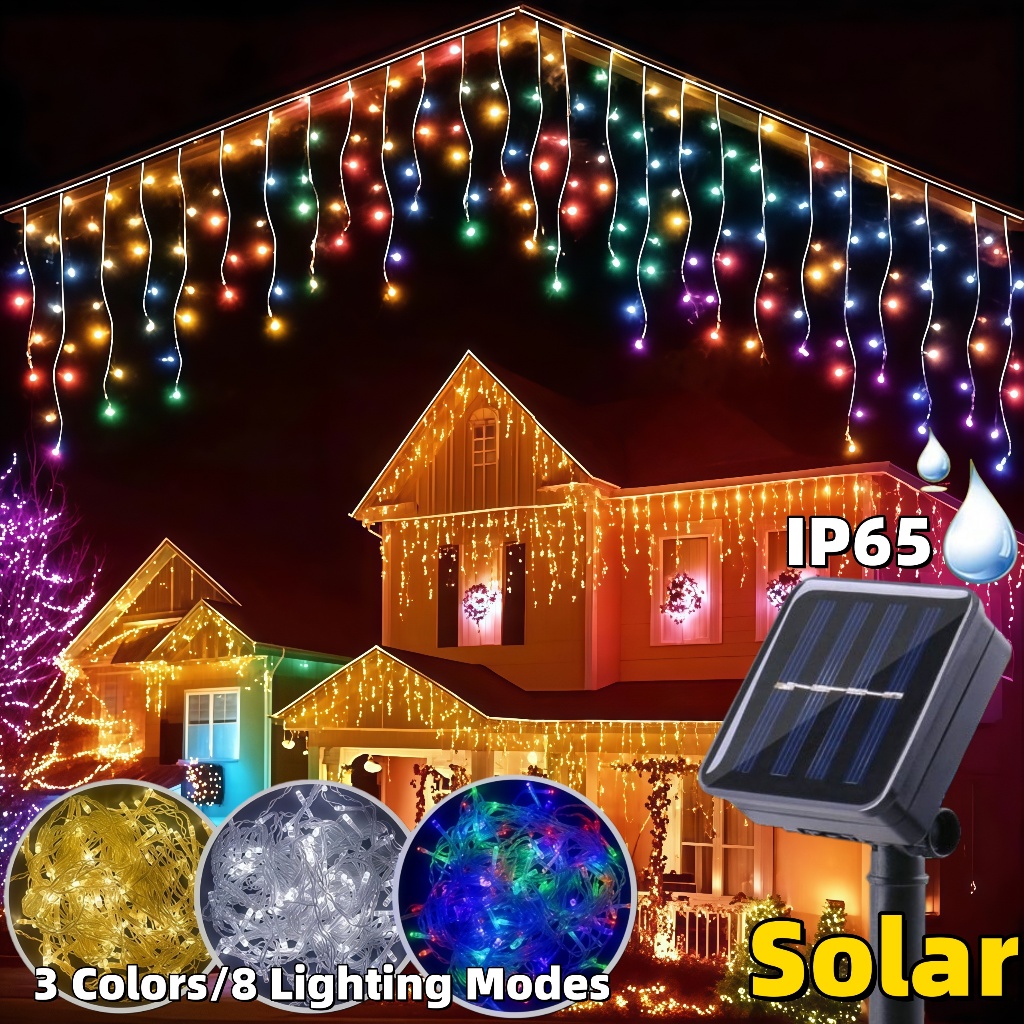 2026 NEW Raya Lampu Solar icicle Curtain Light 8Modes Outdoor Waterproof Decoration for Festive Ramadan Party Garden