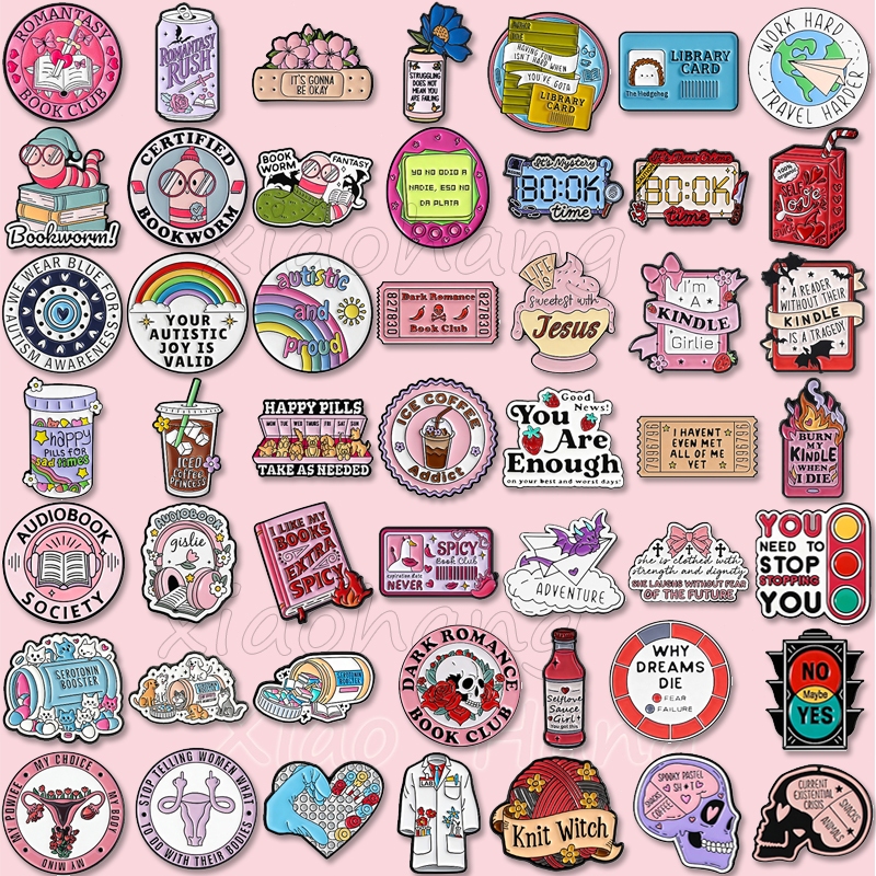 Creative Pink Ribbon Flowers Books Enamel Pin Cartoon Text Rainbow Ticket Brooch Metal Badges Backpack Accessories Gifts for Friends
