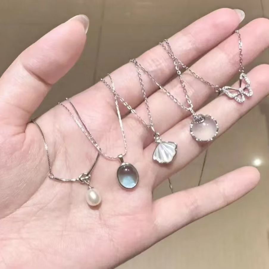 Fashion Korean water drop moonstone butterfly pearl necklace female silver color exquisite student birthday gift