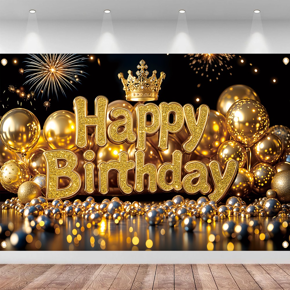 Royal Gold Crown & Fireworks Happy Birthday Backdrop Banner 150x100/230x180CM Glitter Print Polyester Party Decor