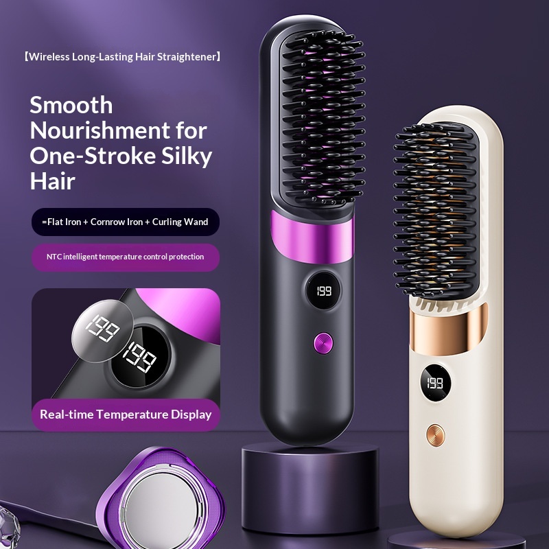 Portable Wireless Straight Curling Dual-Use Comb, Digital Display Multiple Temperatures, Negative Ion Hair Care Fast Styling USB Fast Charging