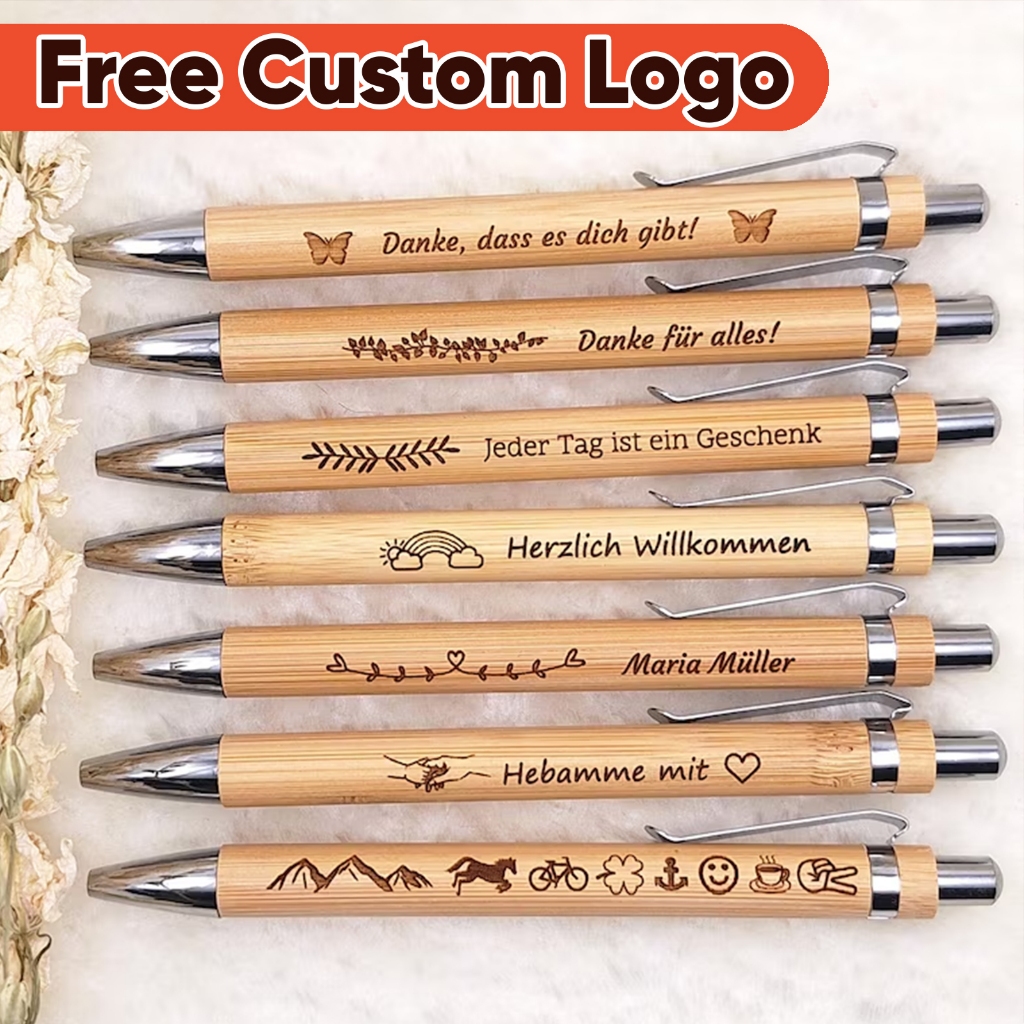 Free Personalised Bamboo Wooden Pen with Custom Engraving, Personalized Gift, Guest Favor, Wedding Pen with Name, Blue Ballpoint, Unique Gift Idea