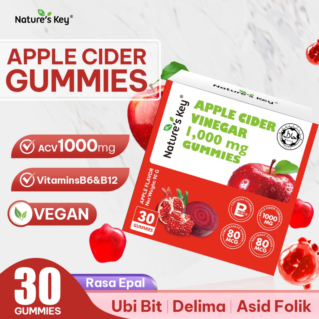 【BUY 4 GET 1 FREE】Nature's Key Halal Vegan 1000mcg Apple Cider Vinegar 30 Gummies