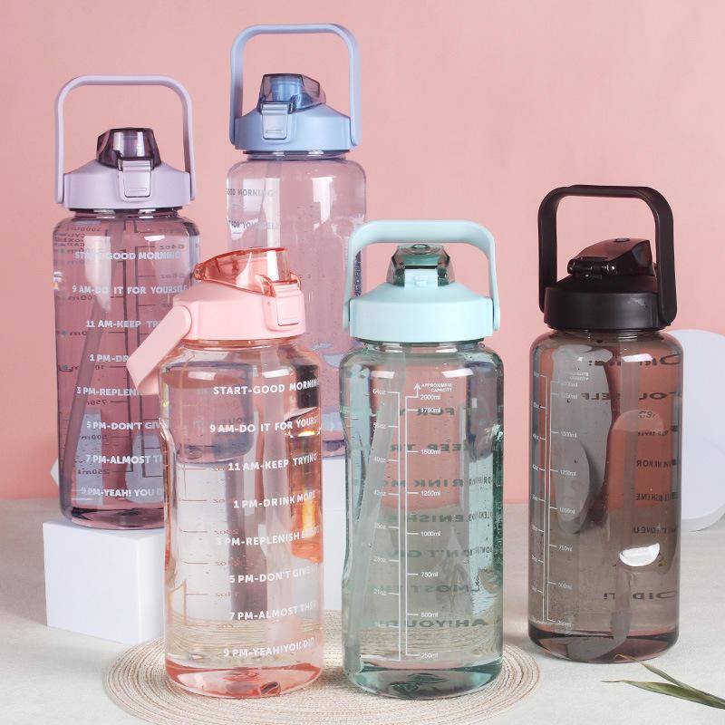 2000ml Reminder water bottle with straw scale big 2Liter gym bottle sport water bottles 水瓶