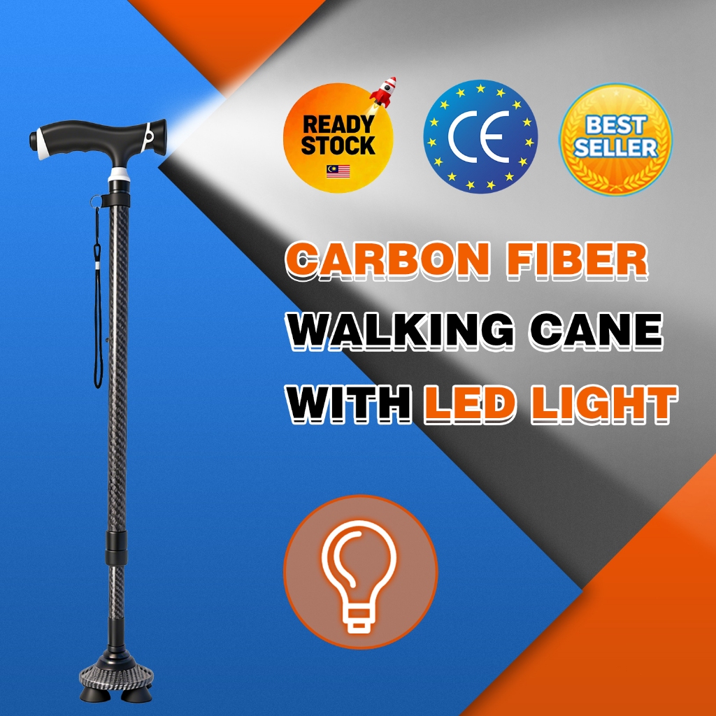 Carbon Fiber Quad Cane with LED Light UltraLight  Stable Walking Stick Tongkat For Elderly Seniors