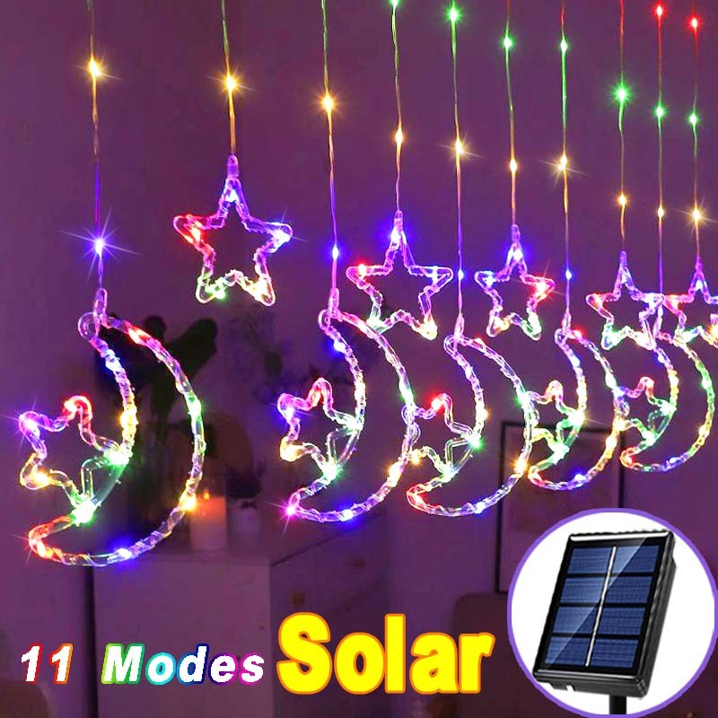 Solar/Plug Moon Star Lights Elk Curtain String Light Decoration Lamp Fairy Snowflakes Curtain Light LED Window Lights