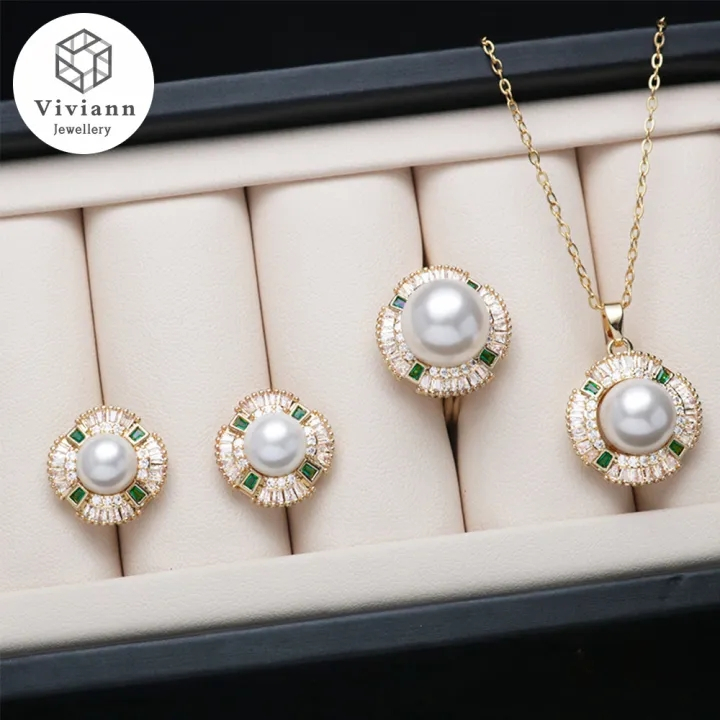Viviann Original 18k gold Shell Pearl Gold Jewelry for Women Sets Pearl Necklaces For Women Stud Earrings Classic Crown Pendant Ring 8-10mm Pearl Jewelry Set,