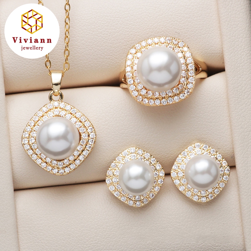 Viviann Original 18k gold Sea Shell Pearl Gold Jewelry for Women Sets Necklace Earrings Ring With Zircon Party Birthday Wedding Gift