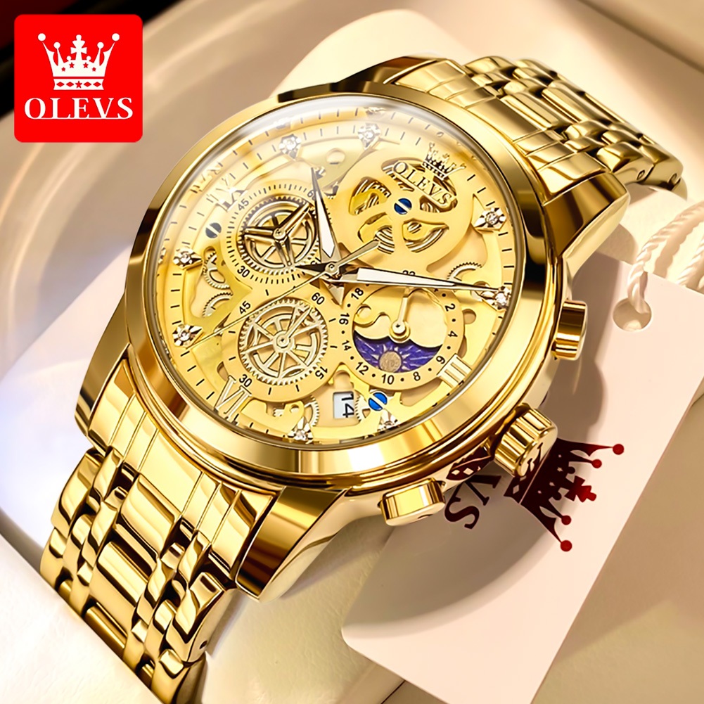 OLEVS Jam Tangan Lelaki Original Waterproof Stainless Steel Luminous Skeleton Luxury Gold Men Watch Gift 9947