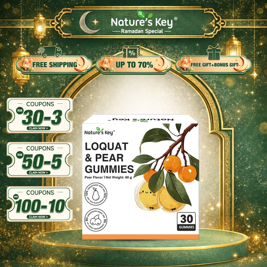 Nature's Key Loquat Pear Gummies Soothing Throat Support Immune Defense Pear Flavor Sugar-Free Kid-Friendly 30 Gummies