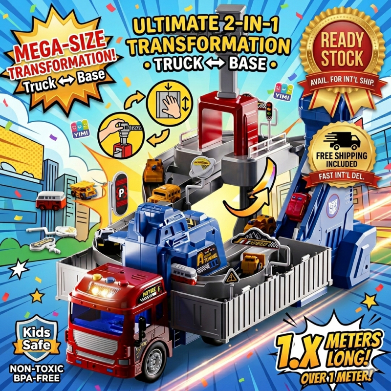 2-in-1 Transforming Container Truck Toy Set with Racing Track & Crane | Large Transport Vehicle with Alloy Mini Cars | Birthday Gift for Boys Kids | Educational Engineering Play Se