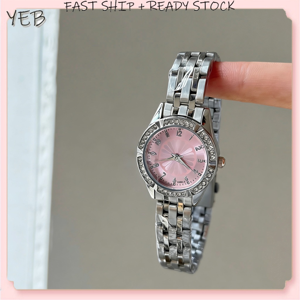 【Free Tools 】New Fashion Steel Strap Watch Round Dial Daisy-set Diamond Women's Watch Light Luxury Silver Quartz Watch Sister's Gift Jam Tangan Wanita手表