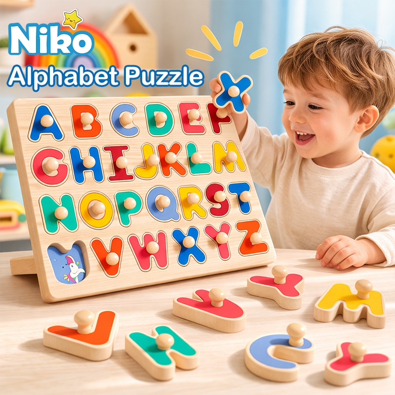 NIKO ABC Letter Digital Puzzle Wooden Toys For Kids Alphabet Number Shape Sorter Jigsaw Board Toys Early Educational Toys