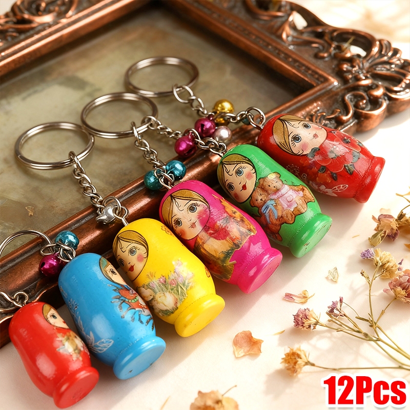 12Pcs Russian Nesting Doll Keychain Set Wooden Matryoshka Key Ring Colorful Bag Charm Party Favors
