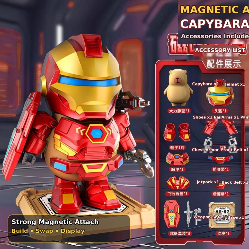Red Gold Mecha Armor Capybara Figure | Magnetic Assemble Parts | Helmet + Weapons | Desk Display Toy 8+
