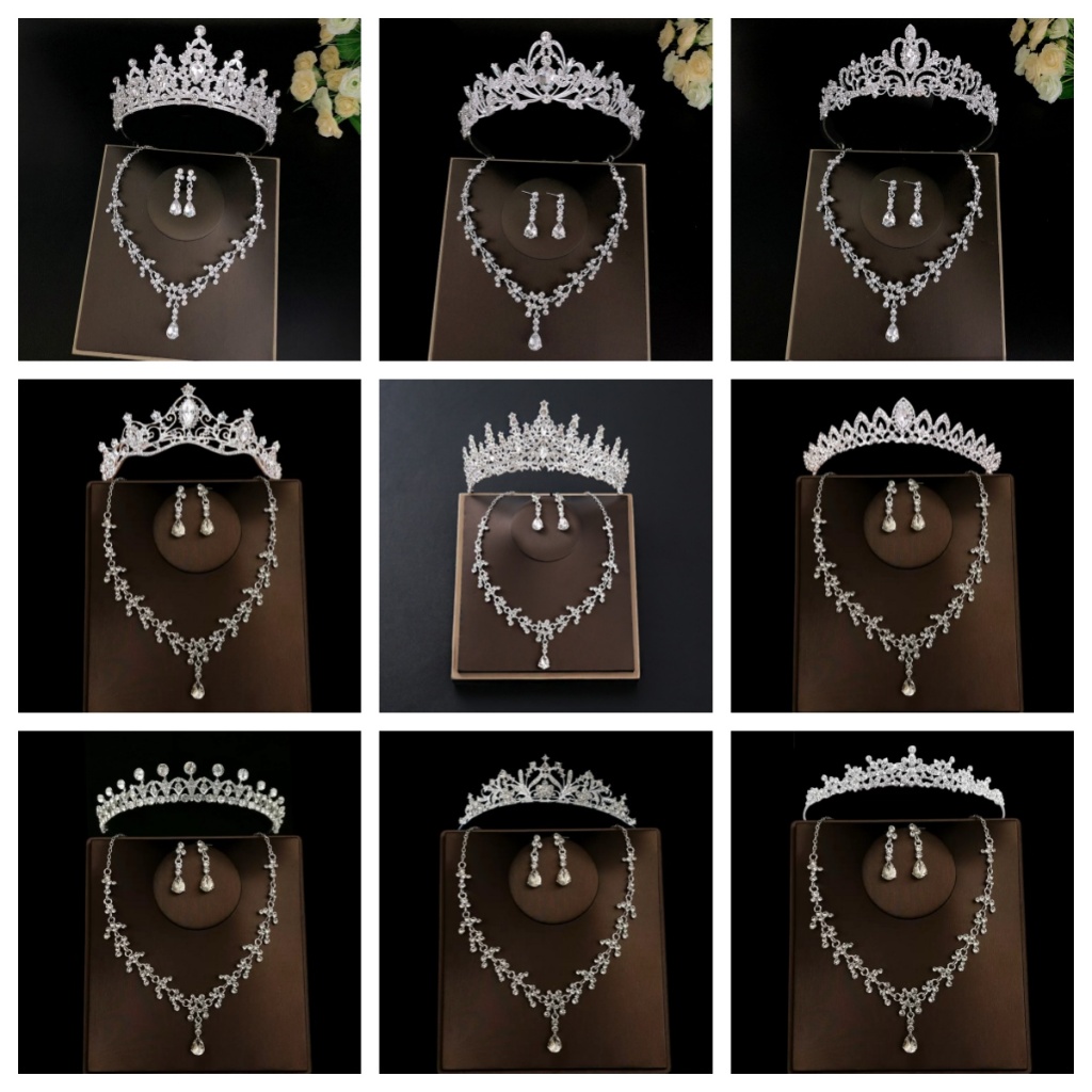 Jewelry Set ( Tiara + Necklace + Earrings ) Crystal Wedding Bride Accessories Luxury Crystal Bridal Jewelry Sets Women Fashion Tiaras Earrings Necklace Kit Bride Crown Jewel