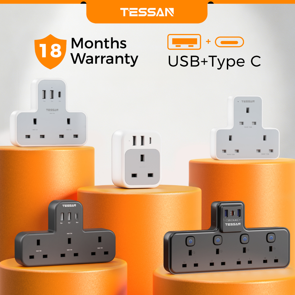TESSAN Extension Plug Adapter With USB + Type C,Multi Plug Socekt Charger Adaptor for iPhone Fan